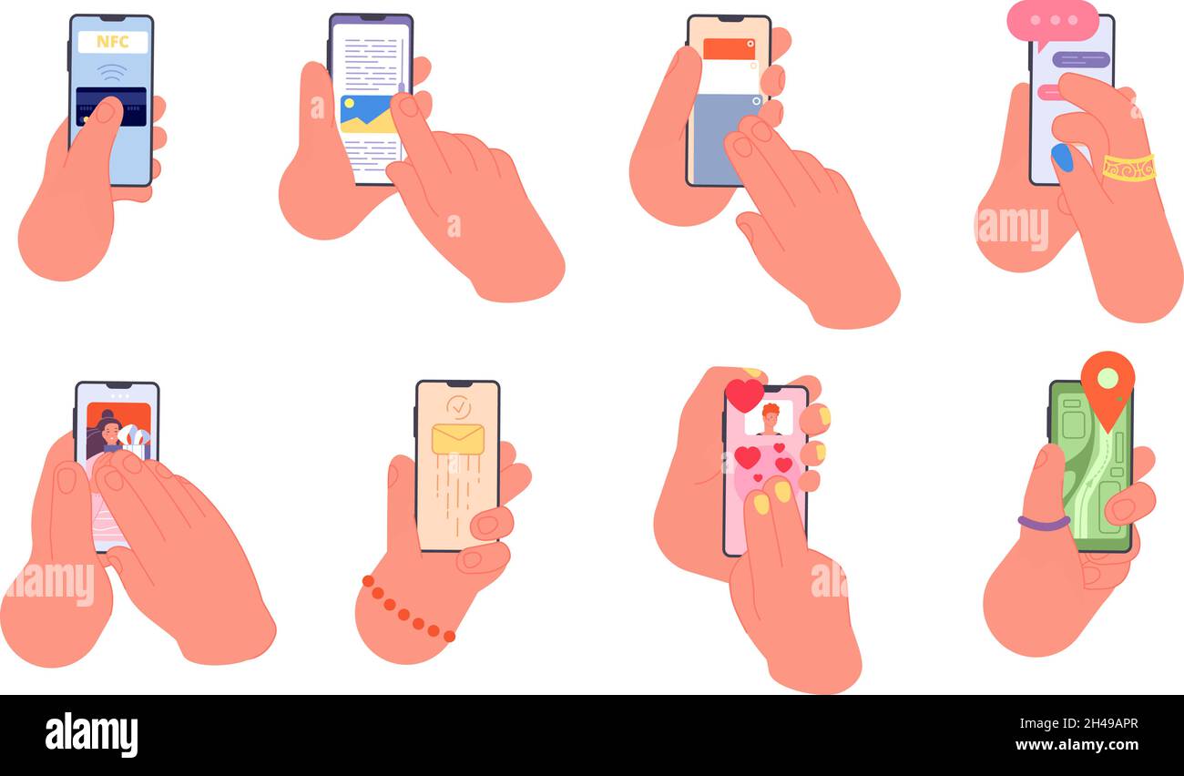 Smartphone portatile. Diverse applicazioni del telefono, persone che utilizzano applicazioni mobili. Contactless paga, social media e online dating utter set vettoriale Illustrazione Vettoriale