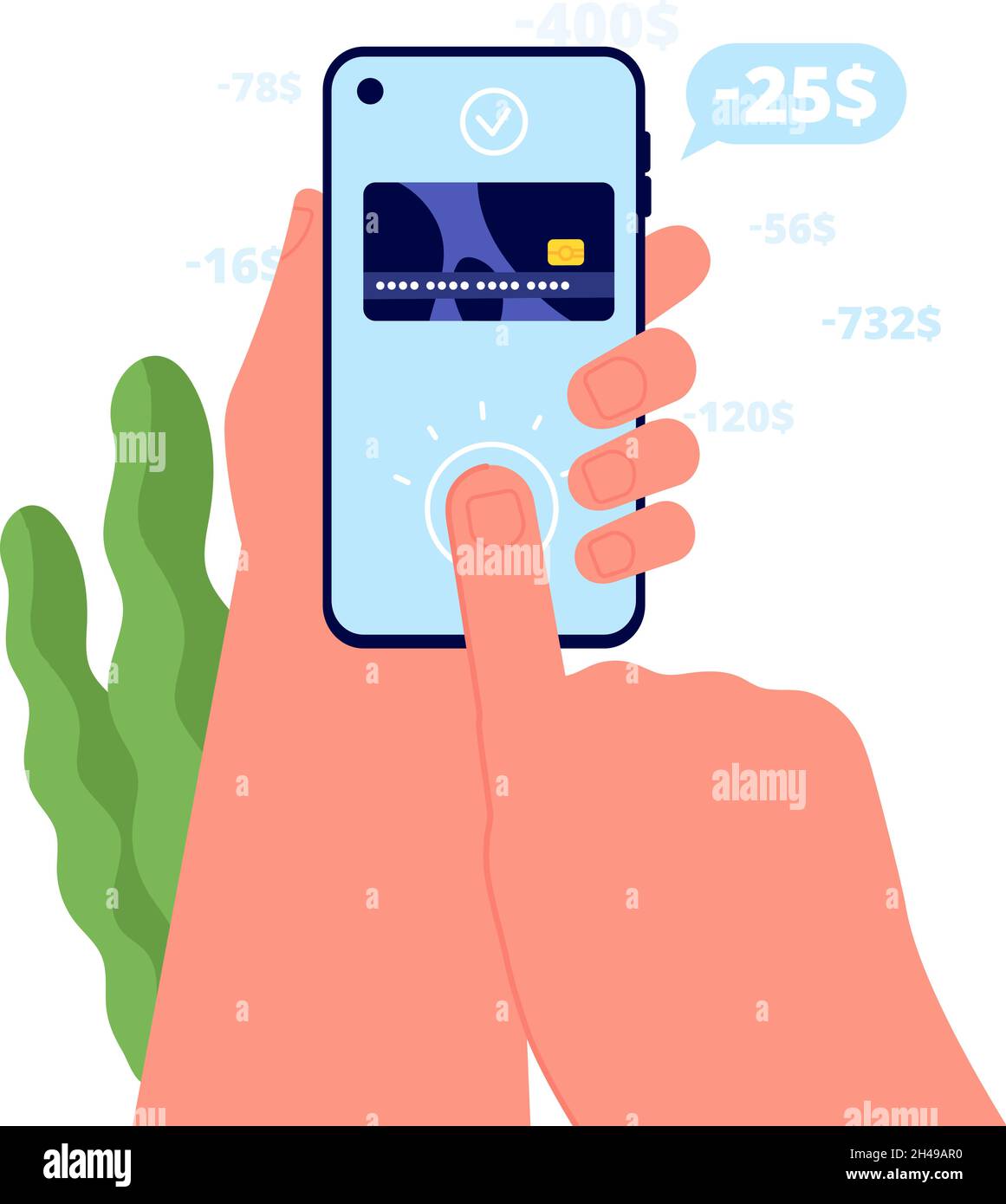 Paga per telefono. Fatture pagate, servizi mobili e-commerce. Smartphone con lancetta e pagamenti approvati. Concetto di vettore di controllo del debito di credito Illustrazione Vettoriale