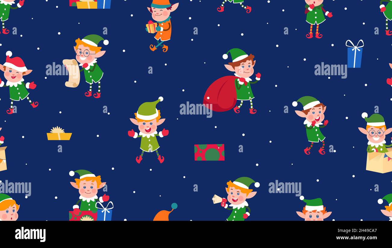 Santa Elves stampa. Elfo di Natale, carino cartone animato vacanza bambini con regalo e palla di neve. Personaggi di Natale e di nuovo anno, modello senza giunture vettoriale infantile Illustrazione Vettoriale