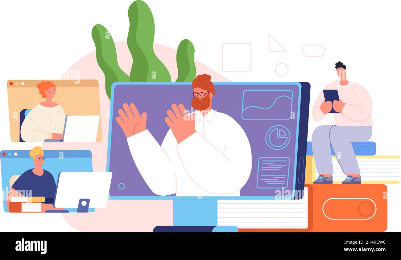 Concetto di lezione online. Webinar virtuale, evento professionale o formazione sul lavoro in remoto. Gli adolescenti studiano da casa, insegnante o vettura utter scena vettoriale Illustrazione Vettoriale