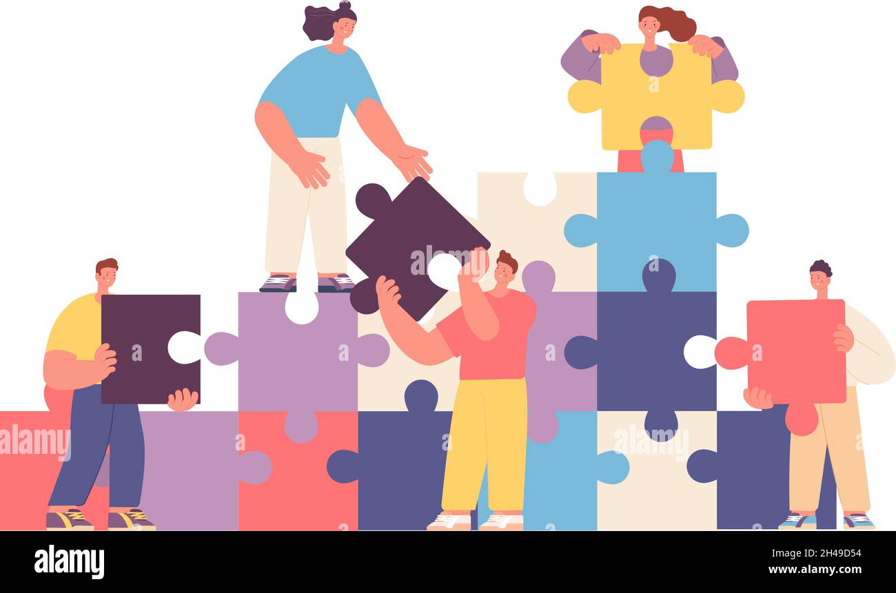 Collaborazione tra i dipendenti aziendali. Comunicazione puzzle, ha collaborato metafora astratta. Lavoro tecnologico, gestione del lavoro di squadra concetto vettoriale assoluto Illustrazione Vettoriale