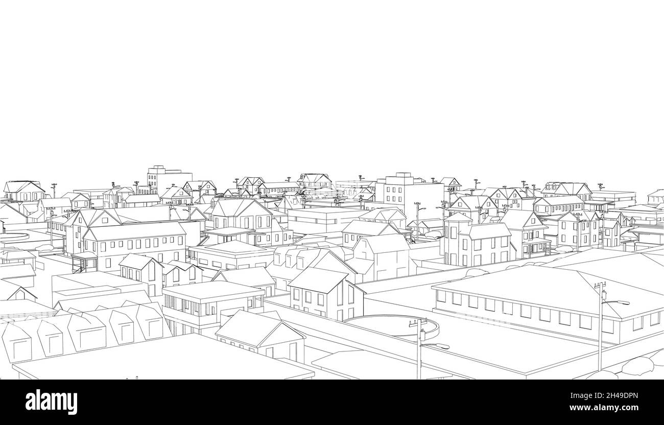 Contorno di un quarto di una piccola città da linee nere isolate su sfondo bianco. Illustrazione vettoriale Illustrazione Vettoriale