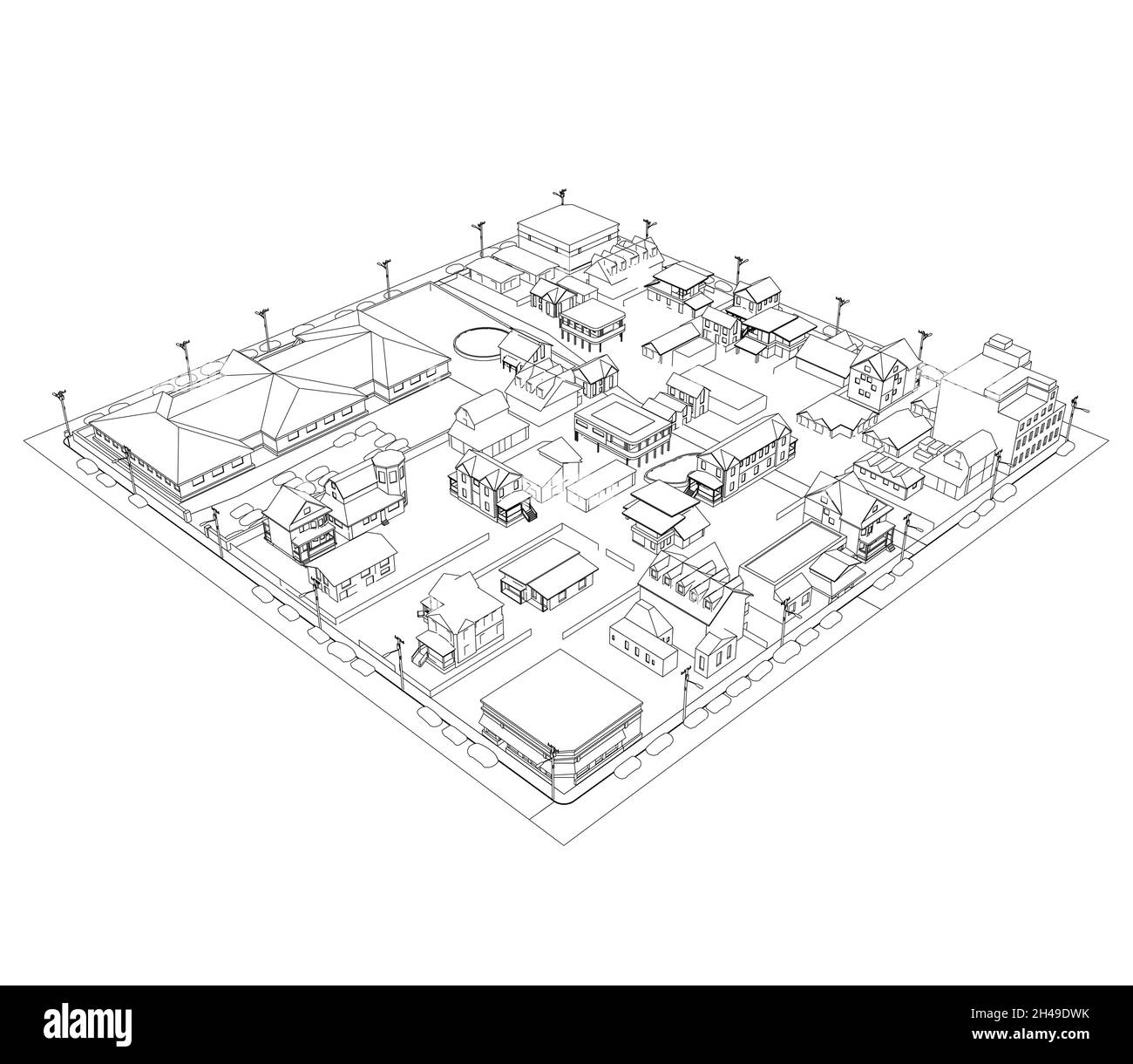 Contorno di un quarto di una piccola città da linee nere isolate su sfondo bianco. Vista isometrica. Illustrazione vettoriale Illustrazione Vettoriale