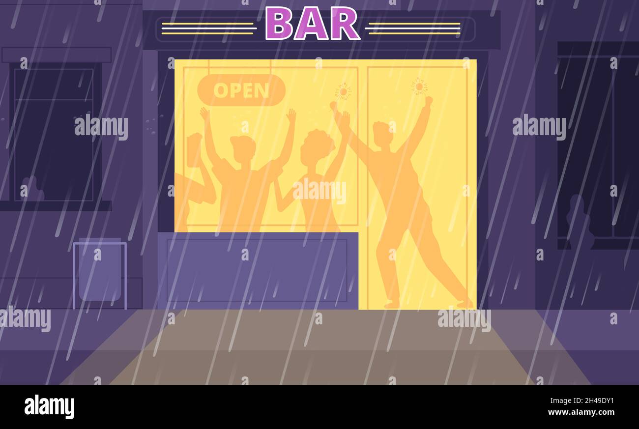 Strada notturna della città. Esterno del bar, ingresso aperto del pub inglese. Serata piovosa d'autunno, gli amici bevono insieme nel caffè. Vettore di utter edificio urbano Illustrazione Vettoriale