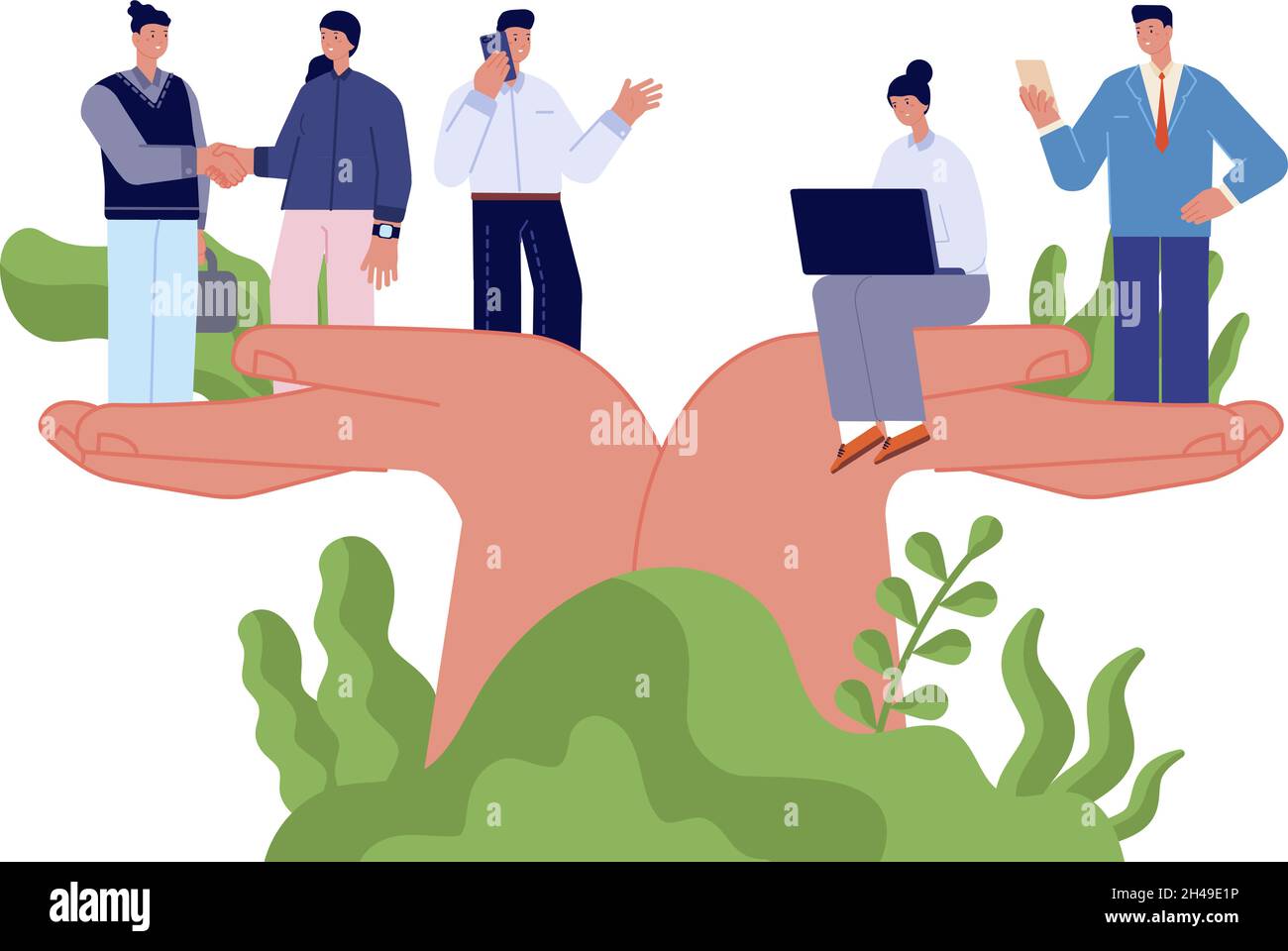 Benessere dei dipendenti. Protezione aziendale, benefici per la cura delle persone aziendali. Mani giganti che tengono piccoli lavoratori, cura professionale concetto vettoriale utter Illustrazione Vettoriale