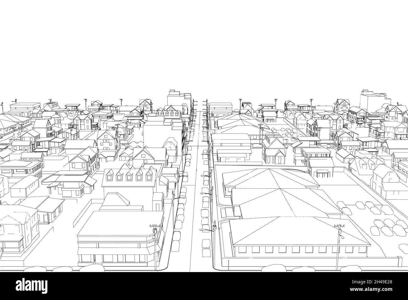 Contorno di un quarto di una piccola città da linee nere isolate su sfondo bianco. Illustrazione vettoriale Illustrazione Vettoriale