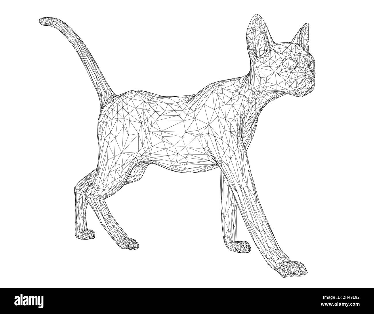 Struttura a reticolo di un gatto che cammina da linee nere isolate su sfondo bianco. 3D. Illustrazione vettoriale Illustrazione Vettoriale