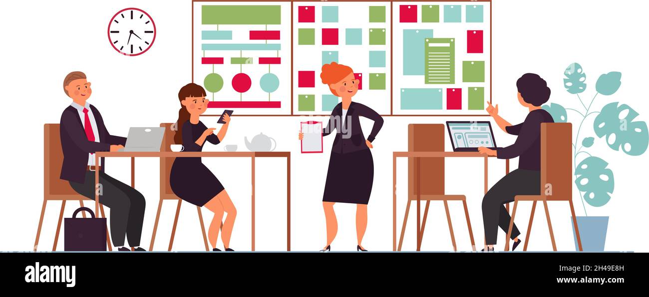Riunione di pianificazione del lavoro. Presentazione aziendale di lavoro, progetto del team d'ufficio. Relatore seminario femminile cartoon, gruppo strategico decente scena vettoriale Illustrazione Vettoriale
