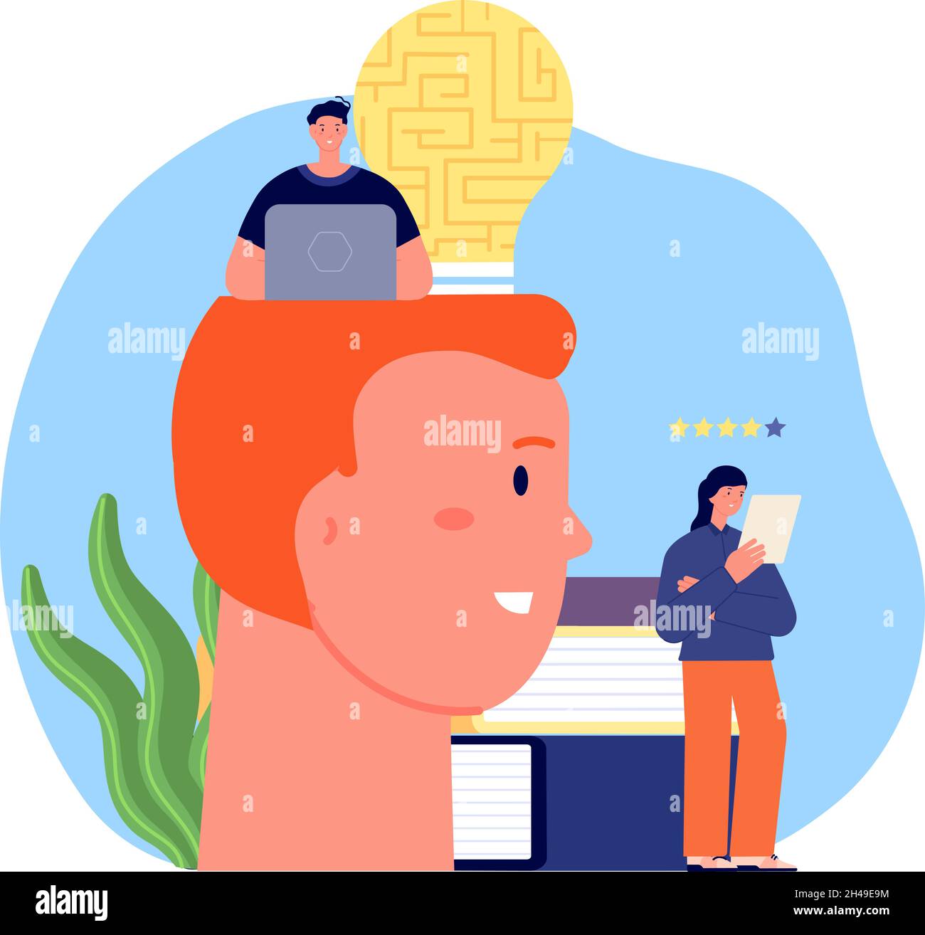 Creazione di idee. Persone che pensano, lavorano con il computer e leggono. Formazione, business creativo team concetto vettoriale Illustrazione Vettoriale