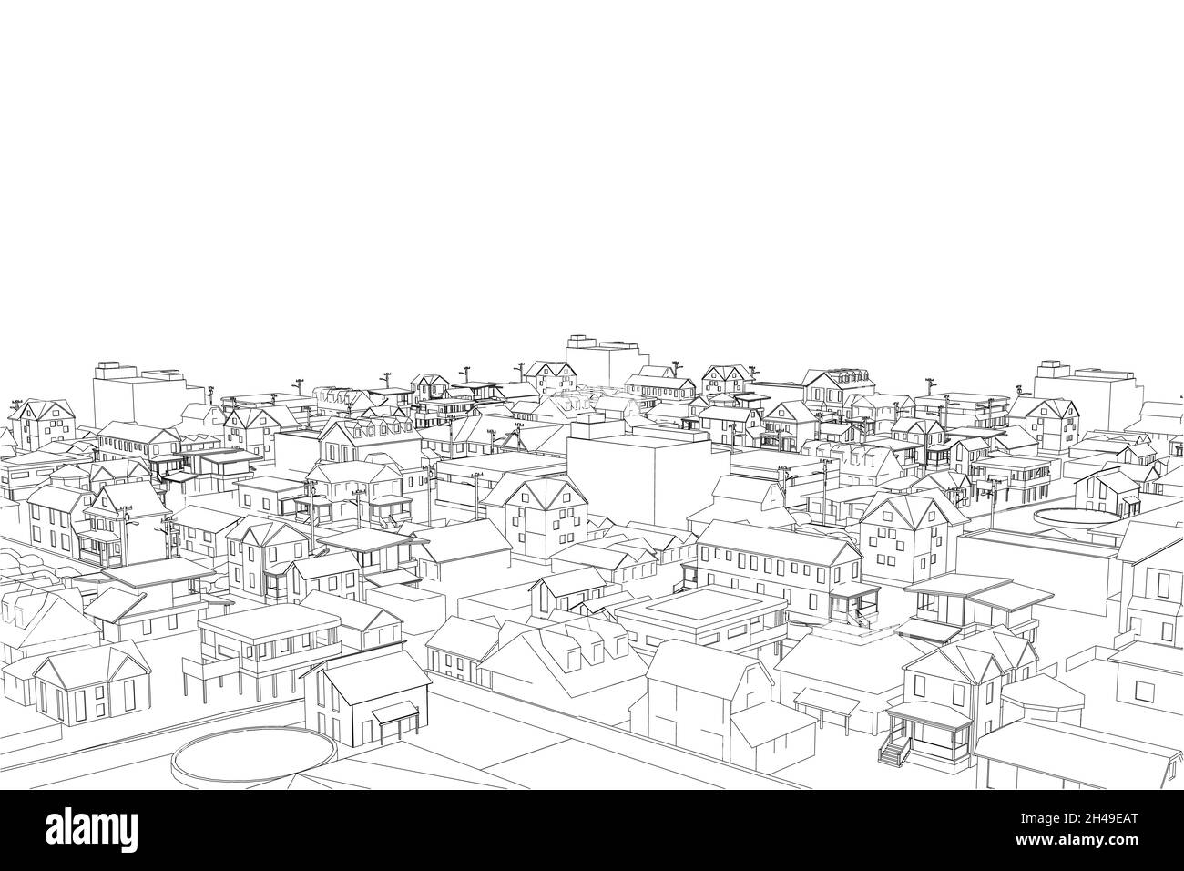 Contorno di un quarto di una piccola città da linee nere isolate su sfondo bianco. Illustrazione vettoriale Illustrazione Vettoriale