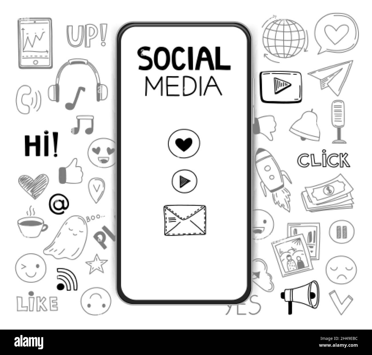 Icone dei social media, mockup realistico per smartphone. Concetto di conversazione, disegno vettoriale di rete di fotoricettore del mondo Illustrazione Vettoriale