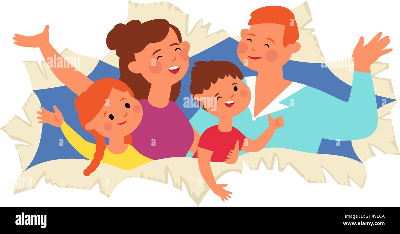 Famiglia nel buco della carta. Genitori felici, la gente guarda attraverso apertura lacerata. Bambini positivi, compleanno cartoon, festa o festa decente banner vettoriale Illustrazione Vettoriale