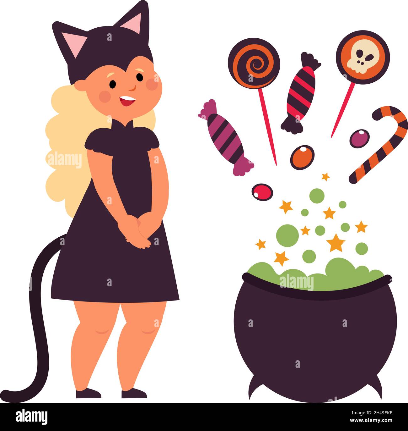 Halloween magic witch cauldron fare dolci. Carino ragazza piccola indossare nero gatto costume concetto vettoriale Illustrazione Vettoriale