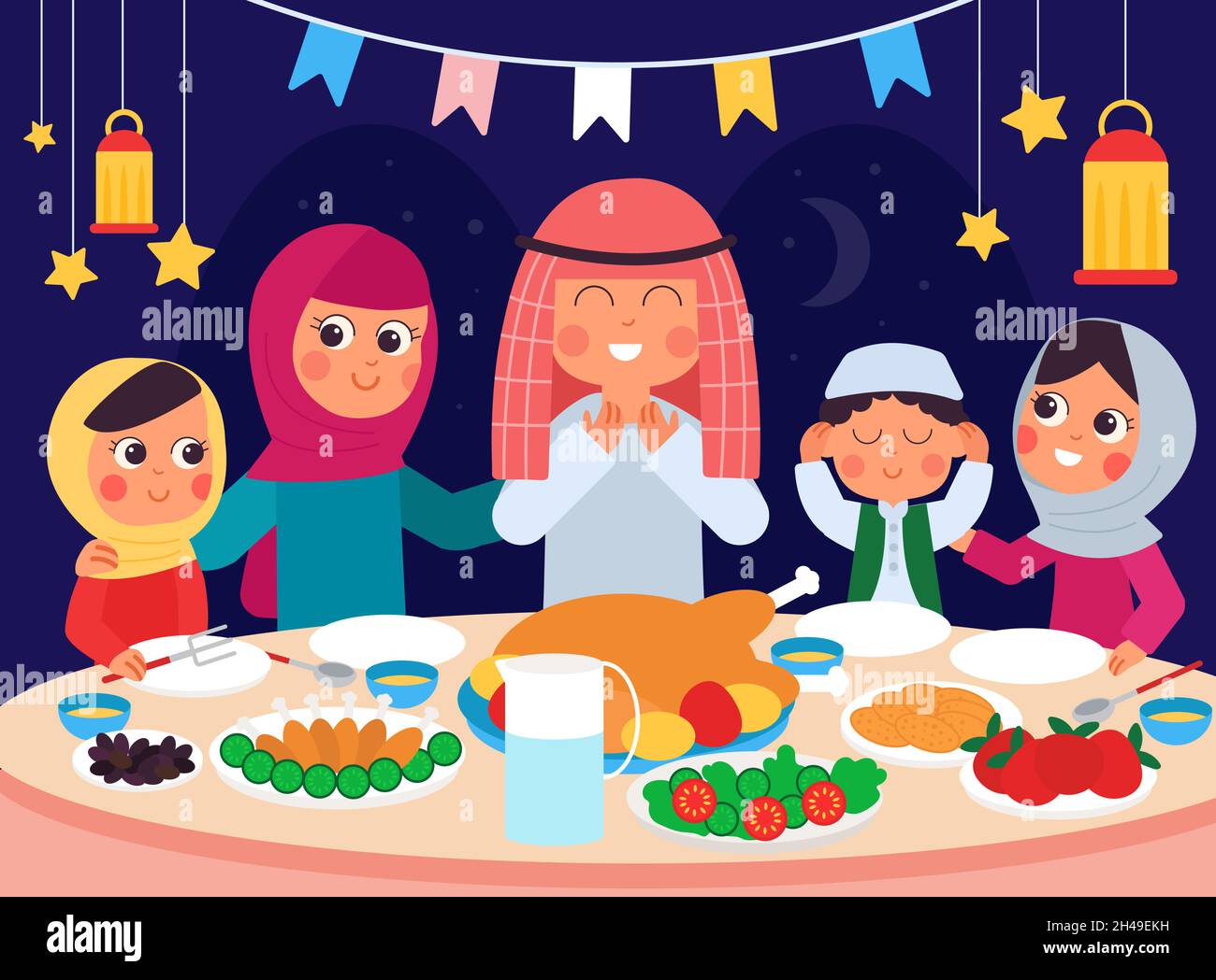 Cena Ramadan. Famiglia musulmana mangiare, iftar festeggiamenti. Piatti arabi festosi a tavola, saluti rituali. Dopo il digiuno, genitori e bambini insieme Illustrazione Vettoriale