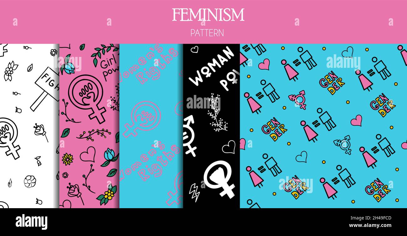 Un insieme di modelli senza giunture che deludano i segni del femminismo, i diritti delle donne. Grunge icone vettoriali disegnate a mano di simboli di protesta del Feminismo Un rally per cui combattere Illustrazione Vettoriale