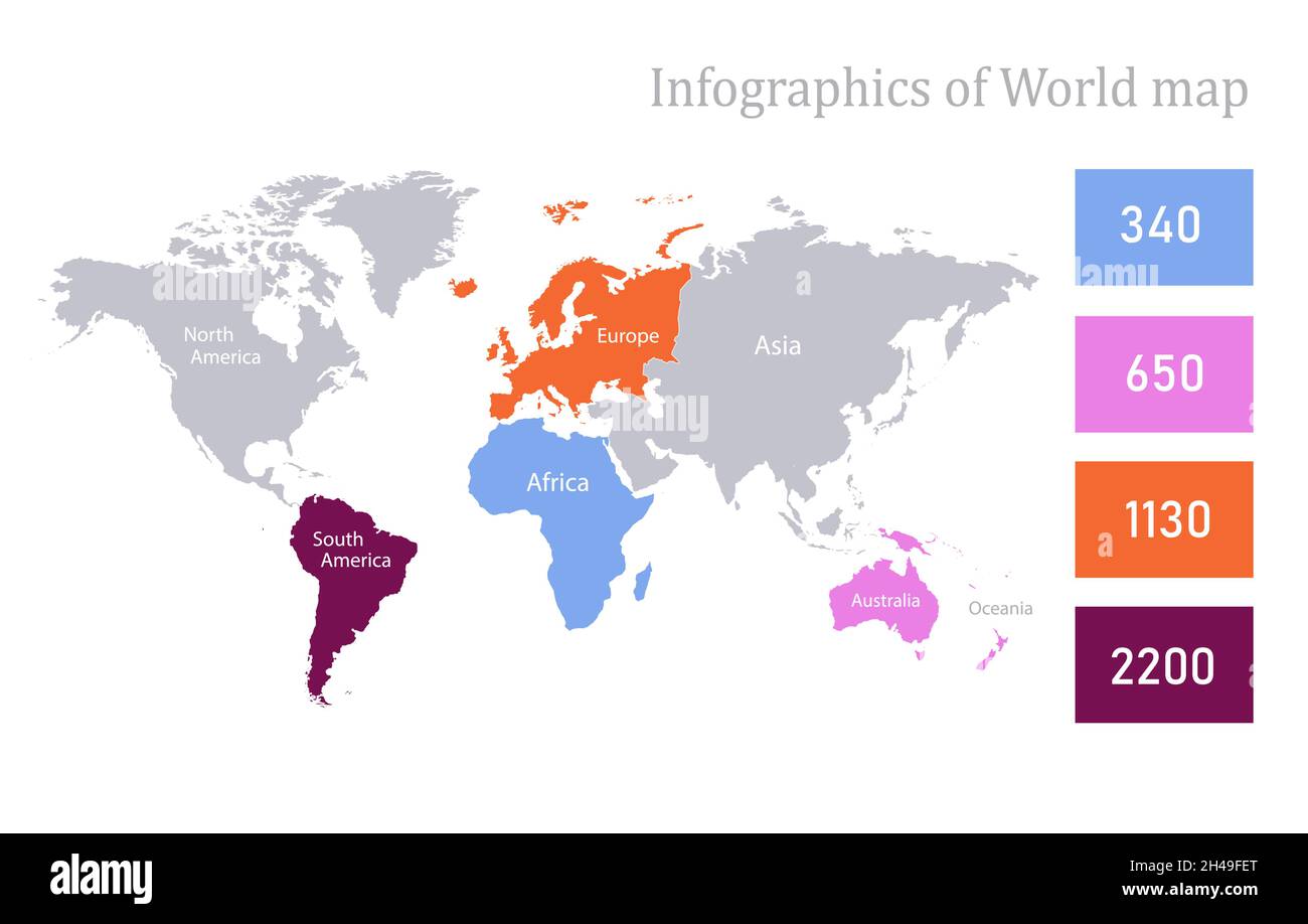 Infografica della mappa del mondo, vettore dei singoli continenti Illustrazione Vettoriale