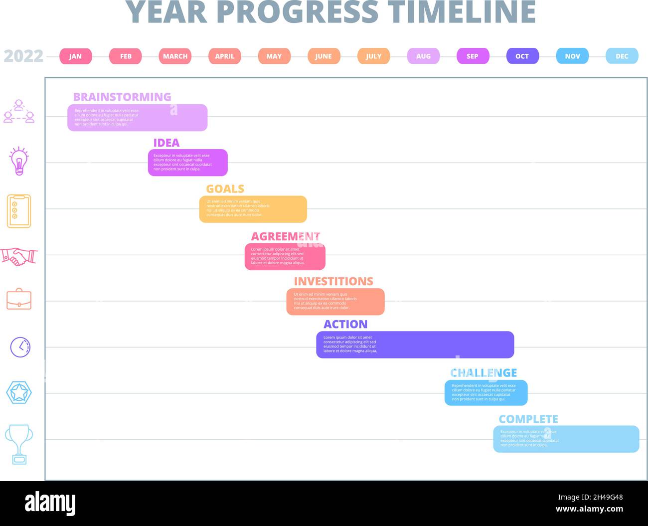 Grafico della timeline del progetto. Grafico dello sviluppo delle startup, dei progressi dei processi aziendali. Passo per passo gestione del lavoro, pianificazione degli investimenti concetto di vettore utter Illustrazione Vettoriale
