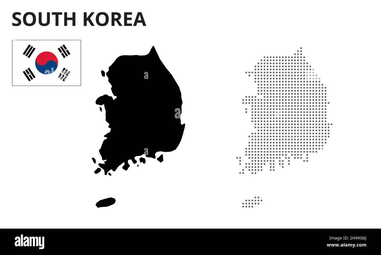 Mappa della silhouette vettoriale della corea del Sud. Mappa della corea del Sud punteggiata. Bandiera della corea del Sud Illustrazione Vettoriale