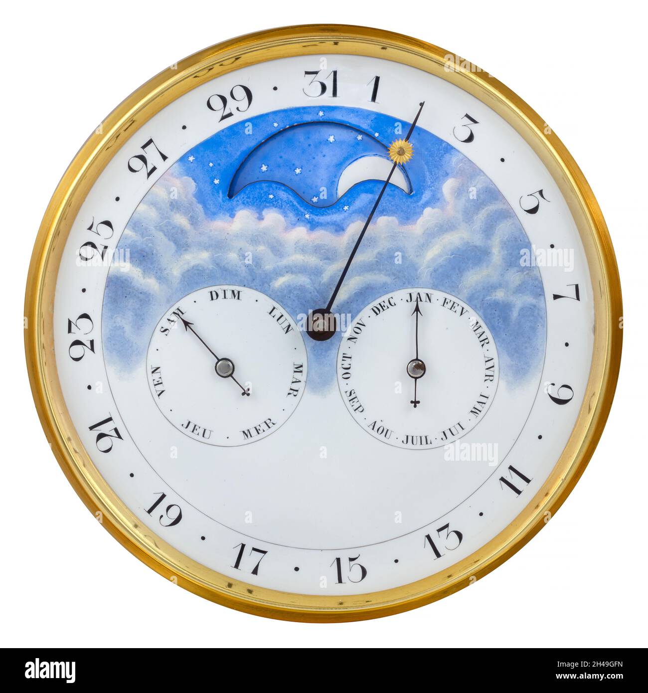 Antico calendario francese a forma di orologio rotondo con indicatore di giorno, mese e luna isolato su sfondo bianco Foto Stock