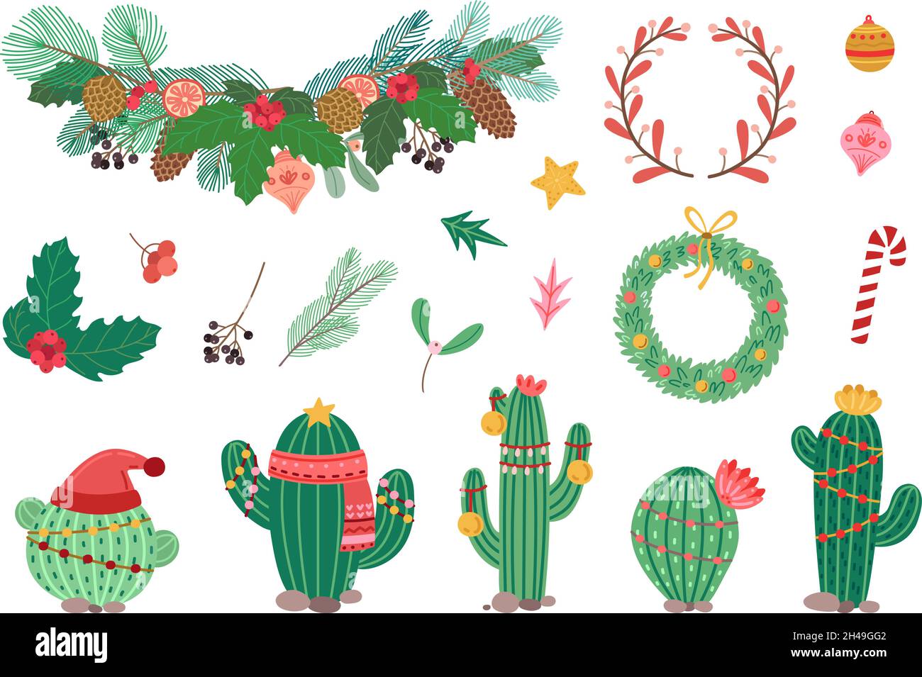 Decorazioni per le vacanze invernali. Corona di Natale, rami di stile scandinavo e giocattoli di albero di Natale. Foglie, bacche rosse e cactus con ghirlande festive Illustrazione Vettoriale