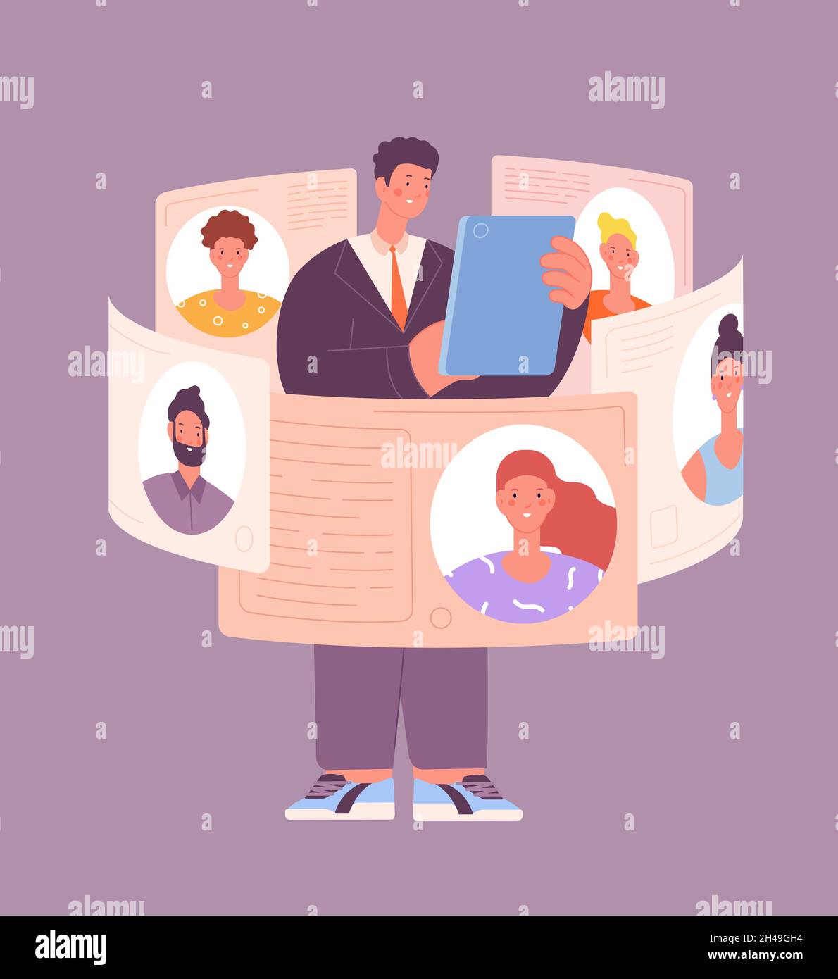 Uomo che assume lavoratori. Flusso di cv in linea, uomo d'affari sceglie la gente. Persona ha bisogno di lavoro, moderno servizio di reclutamento. Guy cerca squadra utter scena vettoriale Illustrazione Vettoriale