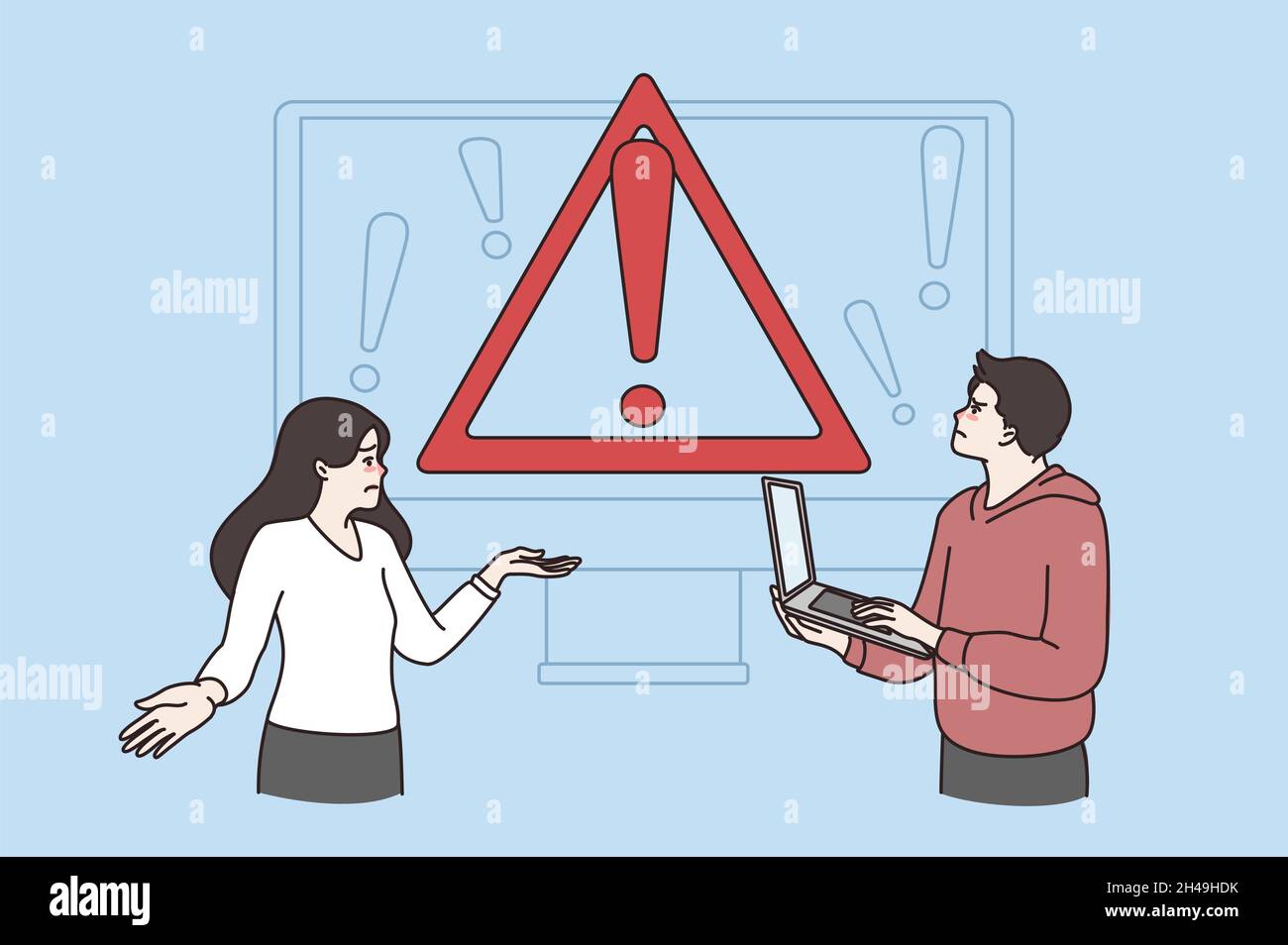 Le persone in difficoltà utilizzano il computer hanno sullo schermo una notifica di errore operativo. L'uomo e la donna stressati vedono l'avvertimento di sistema di errore sul laptop. Riparazione, guasto del dispositivo. Illustrazione vettoriale piatta. Illustrazione Vettoriale