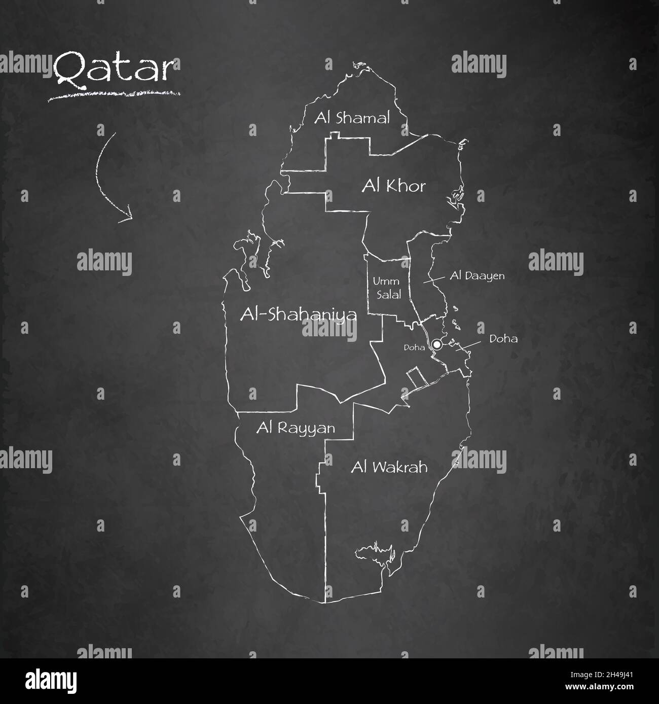 Mappa del Qatar, separa regioni e nomi, scheda di disegno lavagna, chalkboard vettoriale Illustrazione Vettoriale