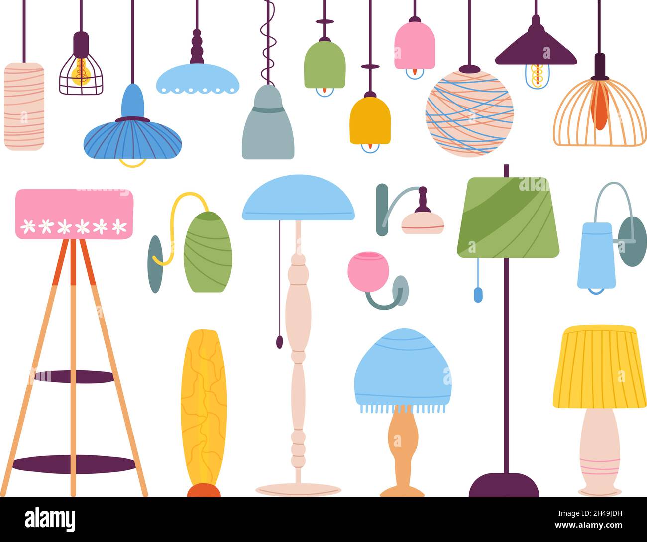 Elementi di illuminazione domestica. Lanterna e lampade, design di luci per interni. Lampadario a schizzo contemporaneo, pendenti d'arte moderna. Arredamento decente vettore set Illustrazione Vettoriale