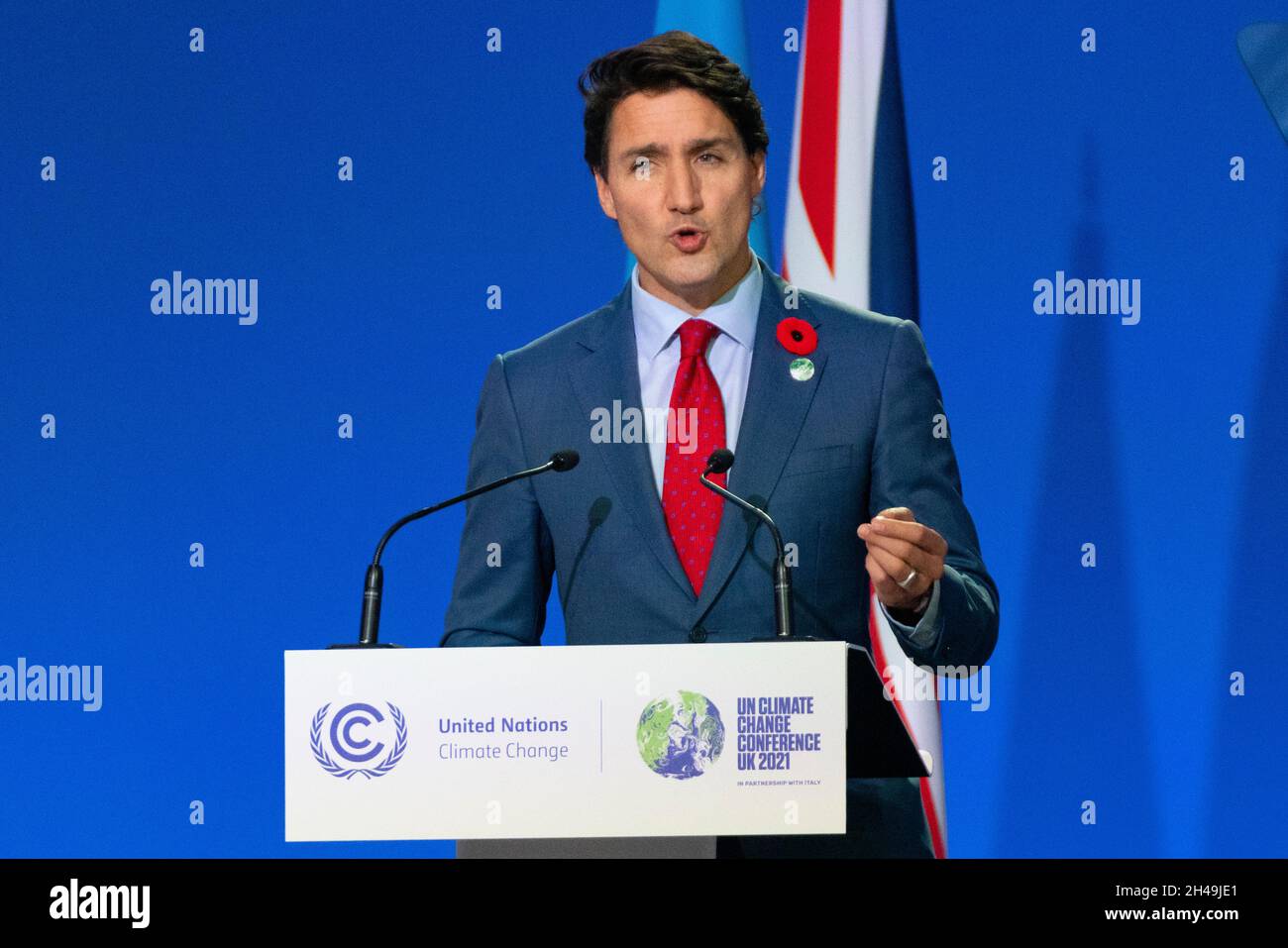 Glasgow, Scozia, Regno Unito. 1 novembre 2021. Justin Trudeau primo Ministro del Canada ha parlato alla conferenza COP26 delle Nazioni Unite sui cambiamenti climatici a Glasgow. Iain Masterton/Alamy Live News. Foto Stock