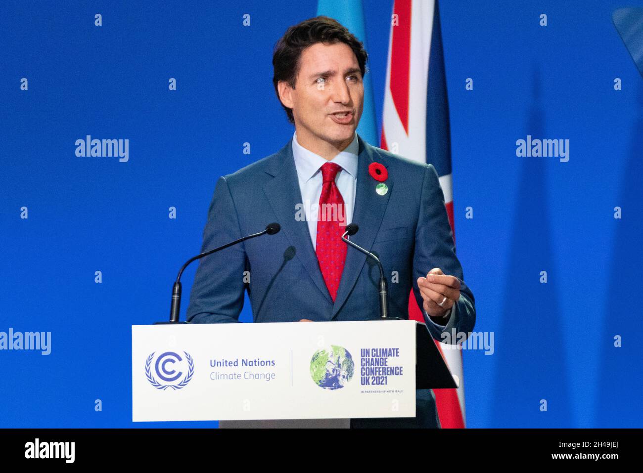 Glasgow, Scozia, Regno Unito. 1 novembre 2021. Justin Trudeau primo Ministro del Canada ha parlato alla conferenza COP26 delle Nazioni Unite sui cambiamenti climatici a Glasgow. Iain Masterton/Alamy Live News. Foto Stock