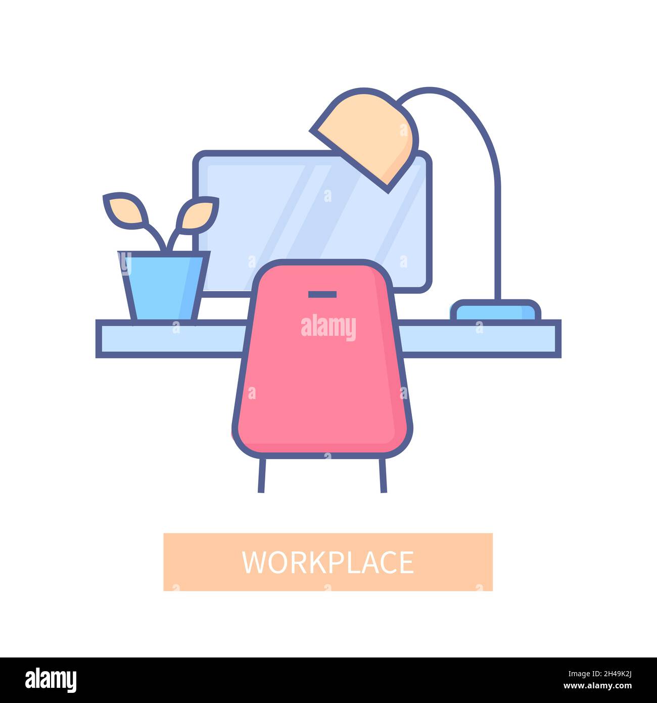Workplace - moderna icona di stile a linee multicolore su sfondo bianco. Immagine accurata e dettagliata dell'ufficio domestico. Comoda sedia, scrivania, lampada, grande com Illustrazione Vettoriale
