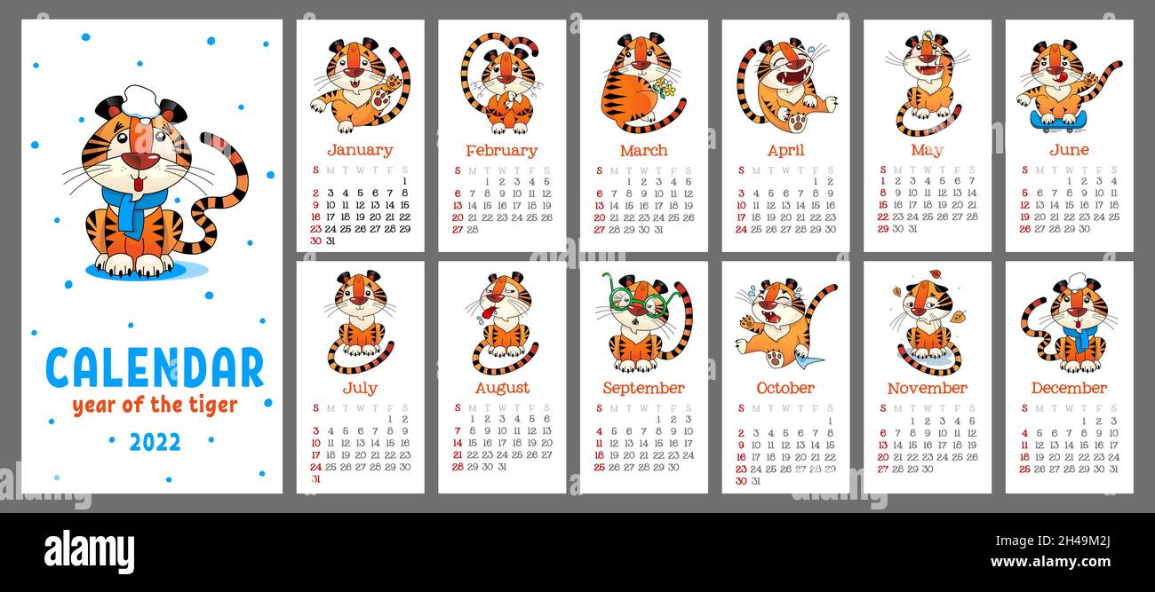 Calendario da parete per il 2022, anno della Tigre. 12 cuccioli di tigre cartoon. La settimana inizia la domenica Illustrazione Vettoriale