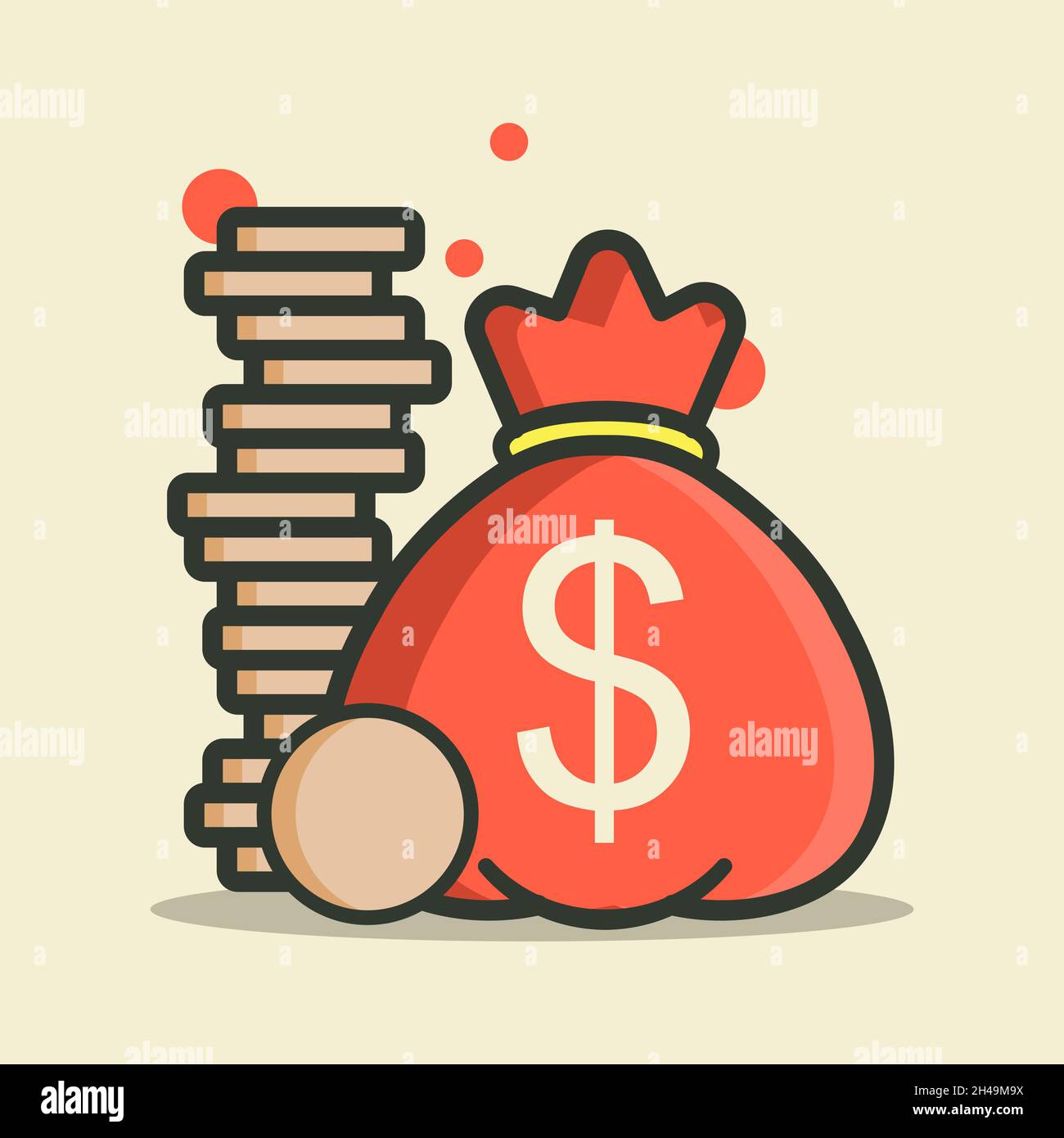 Borsa a gettoni con simbolo del dollaro USA. Pila di monete. Concetto di risparmio, banca, finanza. Illustrazione in stile piatto. Illustrazione Vettoriale