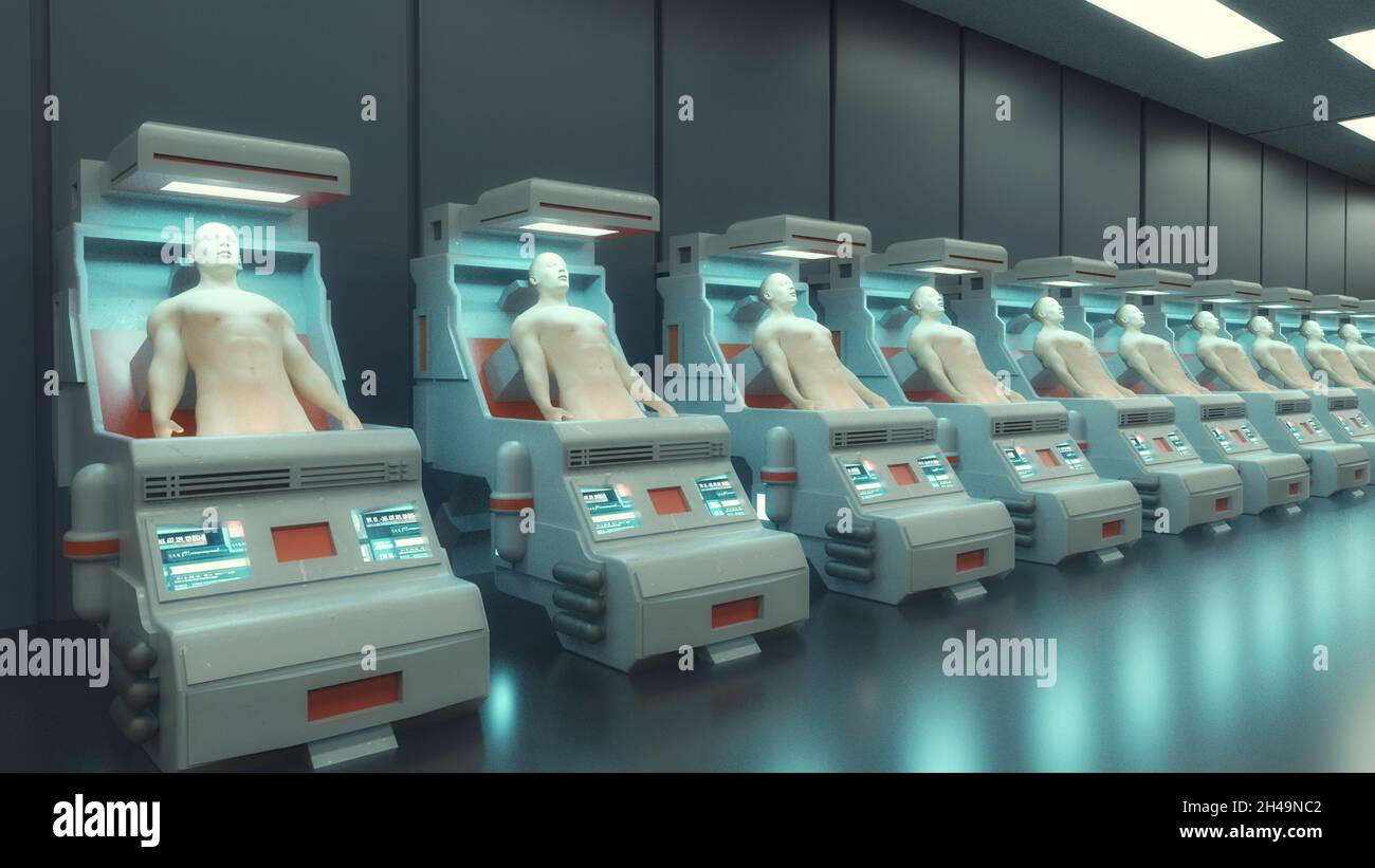 Rendering 3D. Figure umanoidi e scena sicifi Foto Stock