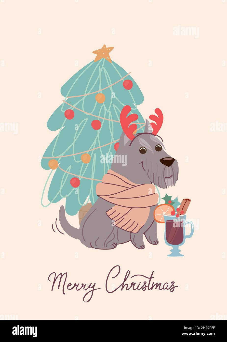 Divertente cane schnauzer con albero di natale sulla scheda di natale. Illustrazione vettoriale in stile piatto e scritta Buon Natale. Illustrazione Vettoriale