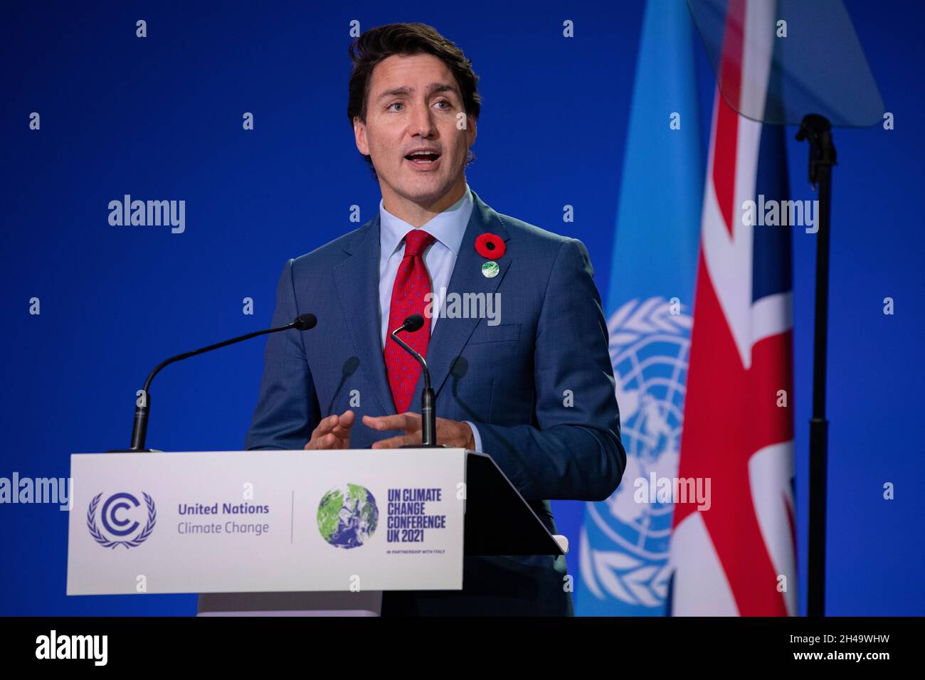 Glasgow, Scozia, Regno Unito. 1 novembre 2021. NELLA FOTO: Justin Pierre James Trudeau PC MP, primo Ministro del Canada visto parlare alla Conferenza sul cambiamento climatico COP26. Credit: Colin Fisher/Alamy Live News Foto Stock