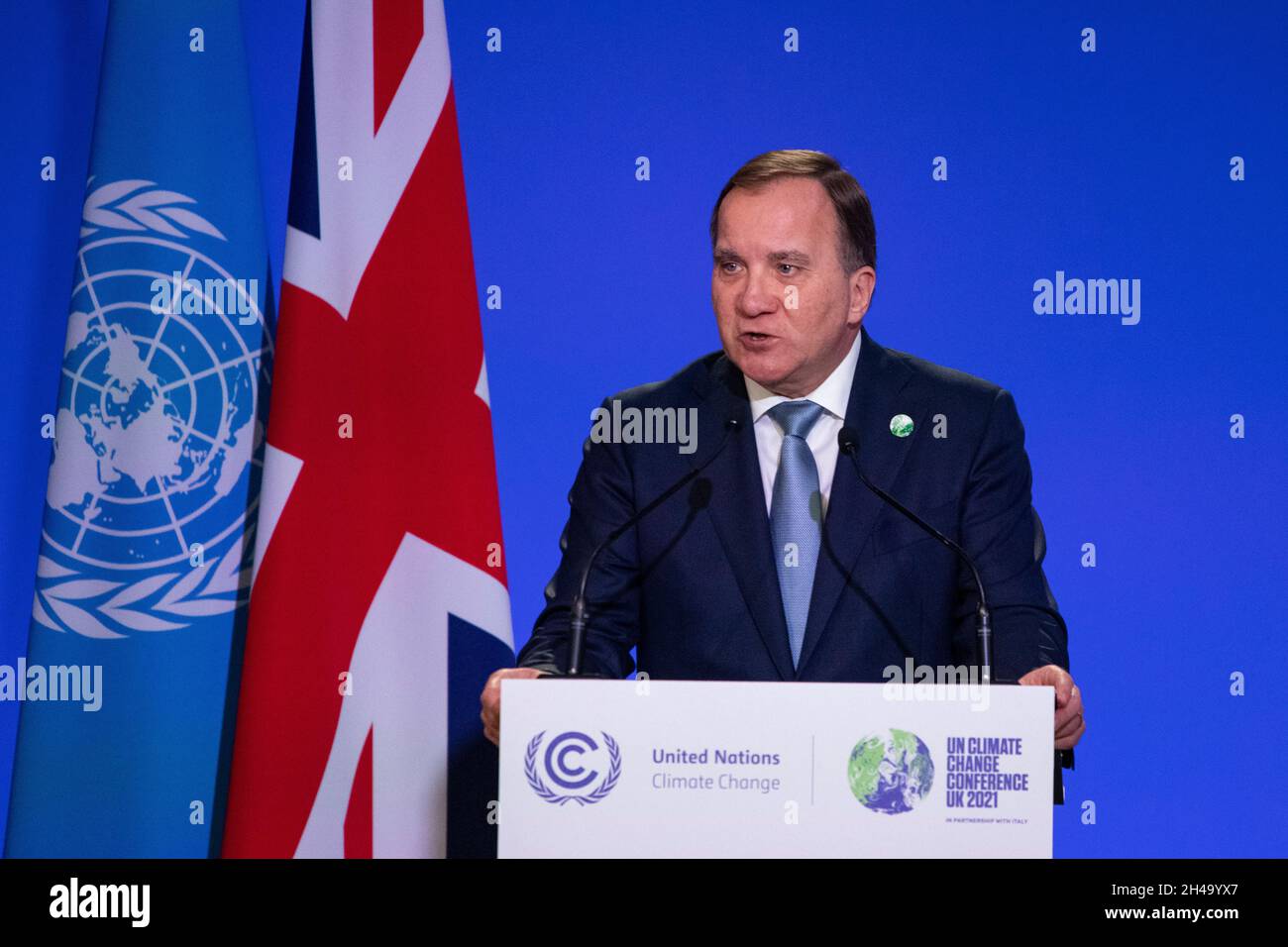 Glasgow, Scozia, Regno Unito. 1 novembre 2021. NELLA FOTO: Stefan Löfven, primo ministro svedese, ha visto parlare alla Conferenza sul cambiamento climatico della COP26. Credit: Colin Fisher/Alamy Live News Foto Stock