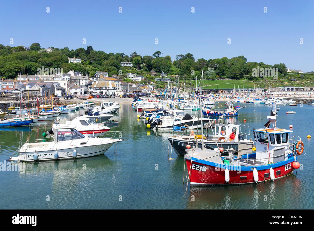 Barche da pesca e barche nel porto della costa Jurassic a Lyme Regis Dorset Inghilterra GB Europa Foto Stock