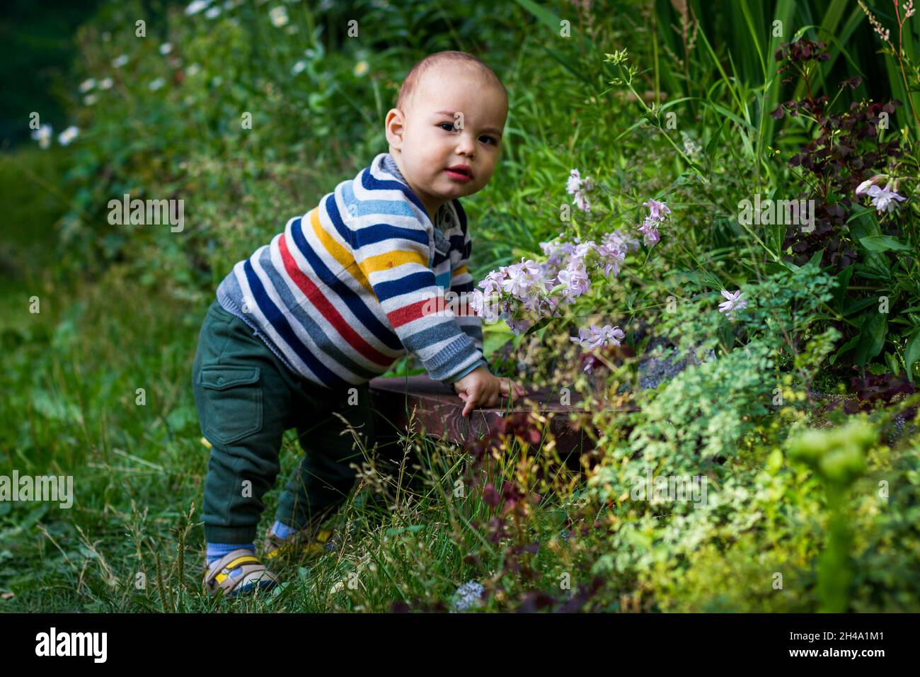 Il bambino piccolo carino all'aperto. Buon bambino sorridente al giardino verde Foto Stock