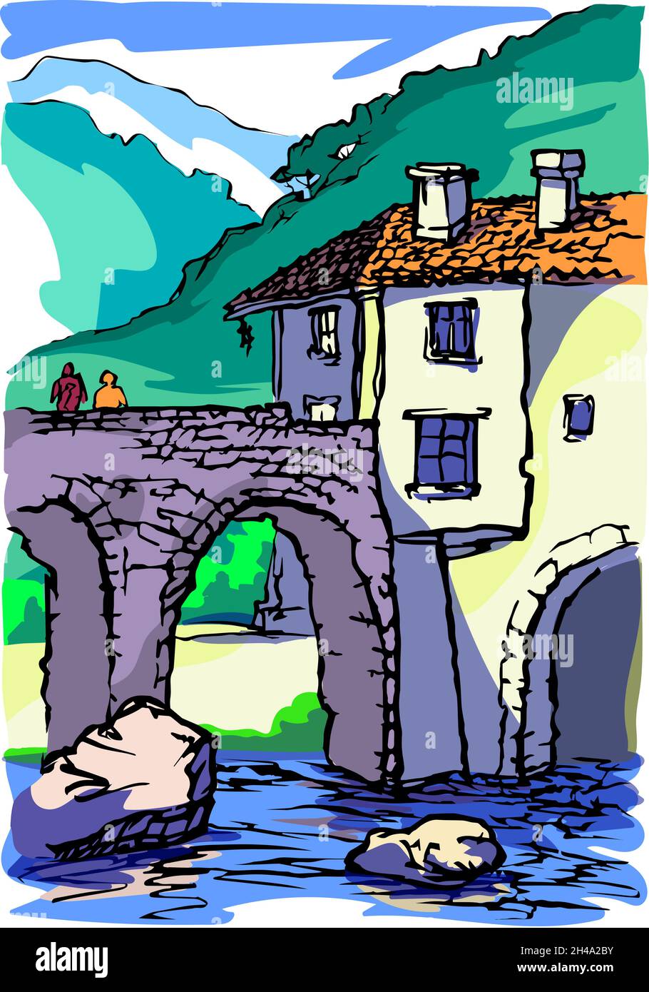 Frammento di un ponte di pietra e di una casa in una zona montagnosa. Illustrazione Vettoriale