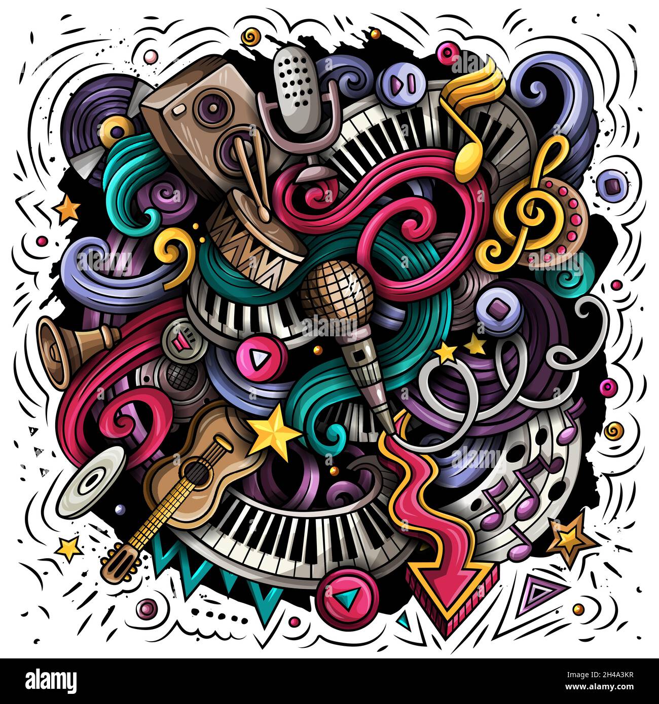 Musica disegnata a mano doodles vettoriali illustrazione. Poster musicale Illustrazione Vettoriale
