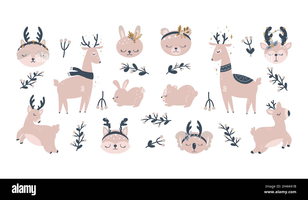 Personaggi di Natale - animali. Carino personaggi Woodland, orso, volpe, raccoon, cervo. Illustrazione vettoriale Illustrazione Vettoriale