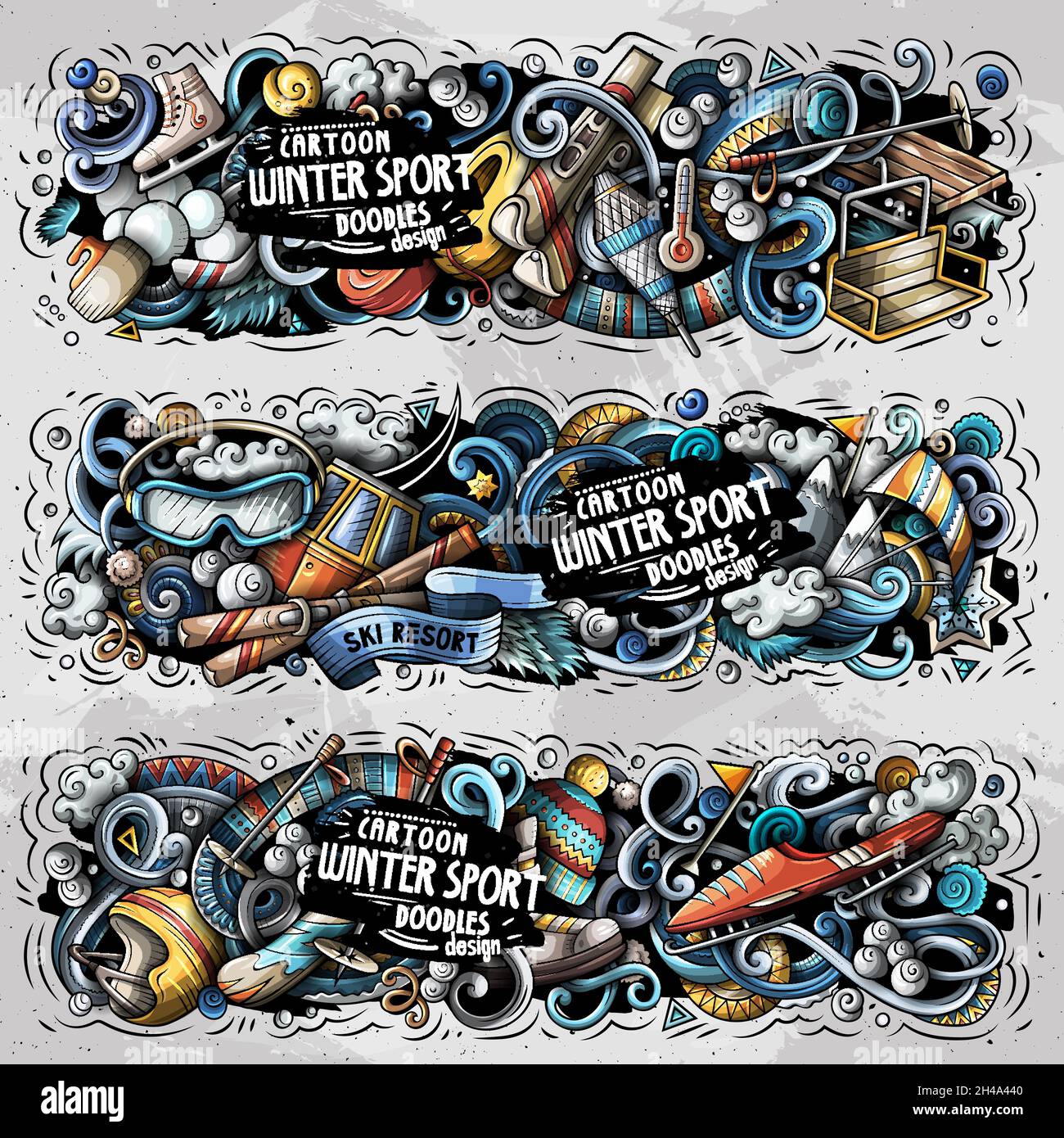 Cartoon carino colorato vettore disegnato a mano doodles Winter Sport banner Illustrazione Vettoriale