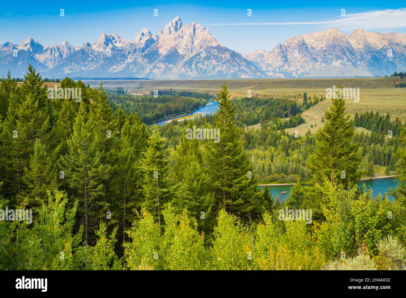 Teton Range dal fiume Snake si affaccia nel parco nazionale di Grand Teton Foto Stock