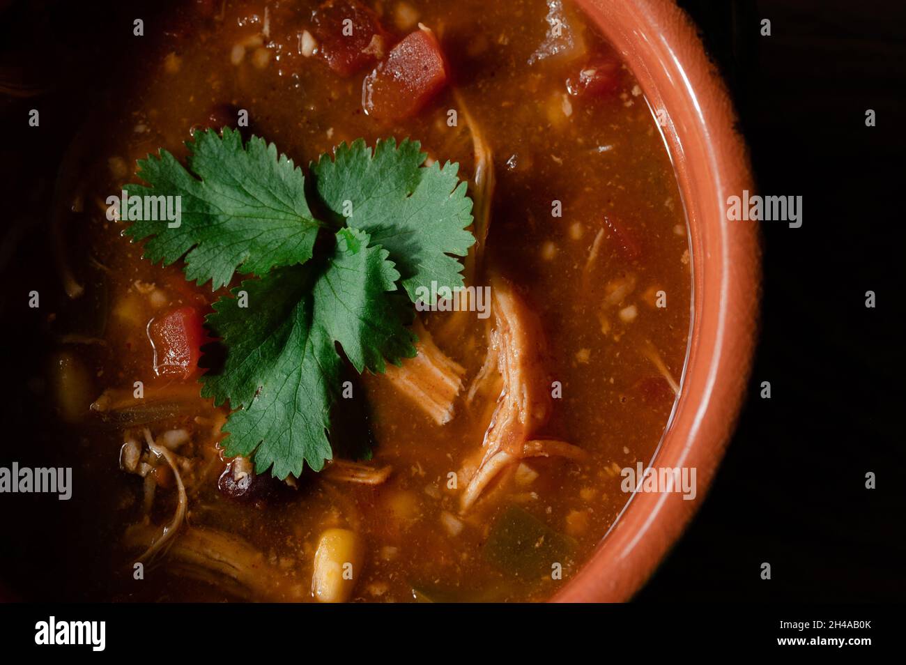 Ciotola di zuppa con pollo, mais, pomodoro e coriandolo Foto Stock