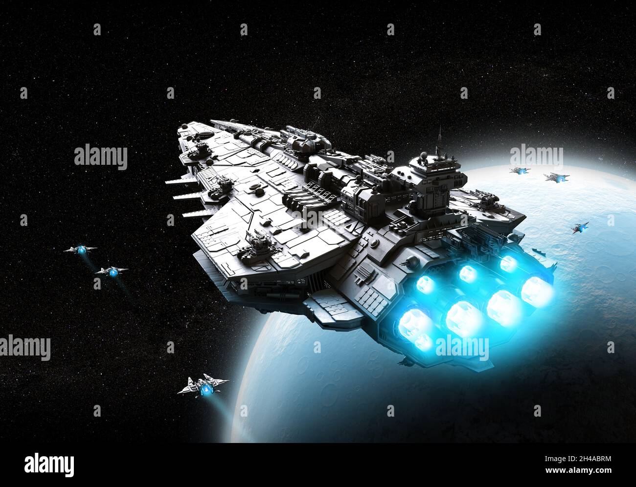 Illustrazione 3D della flotta di navi spaziali Foto Stock