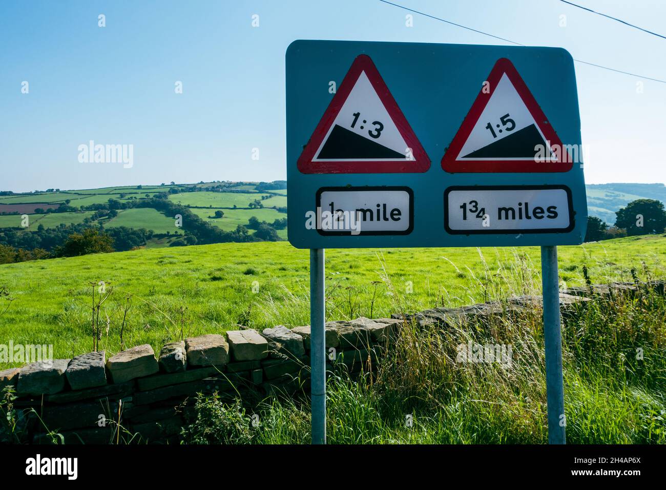 Strade ripide nel North York Moors National Park - segnaletica stradale 1:3 e 1:5, North Yorkshire, Regno Unito Foto Stock
