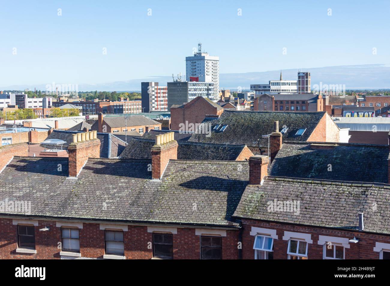 Vista aerea del centro città, Città di Leicester, Leicestershire, Inghilterra, Regno Unito Foto Stock