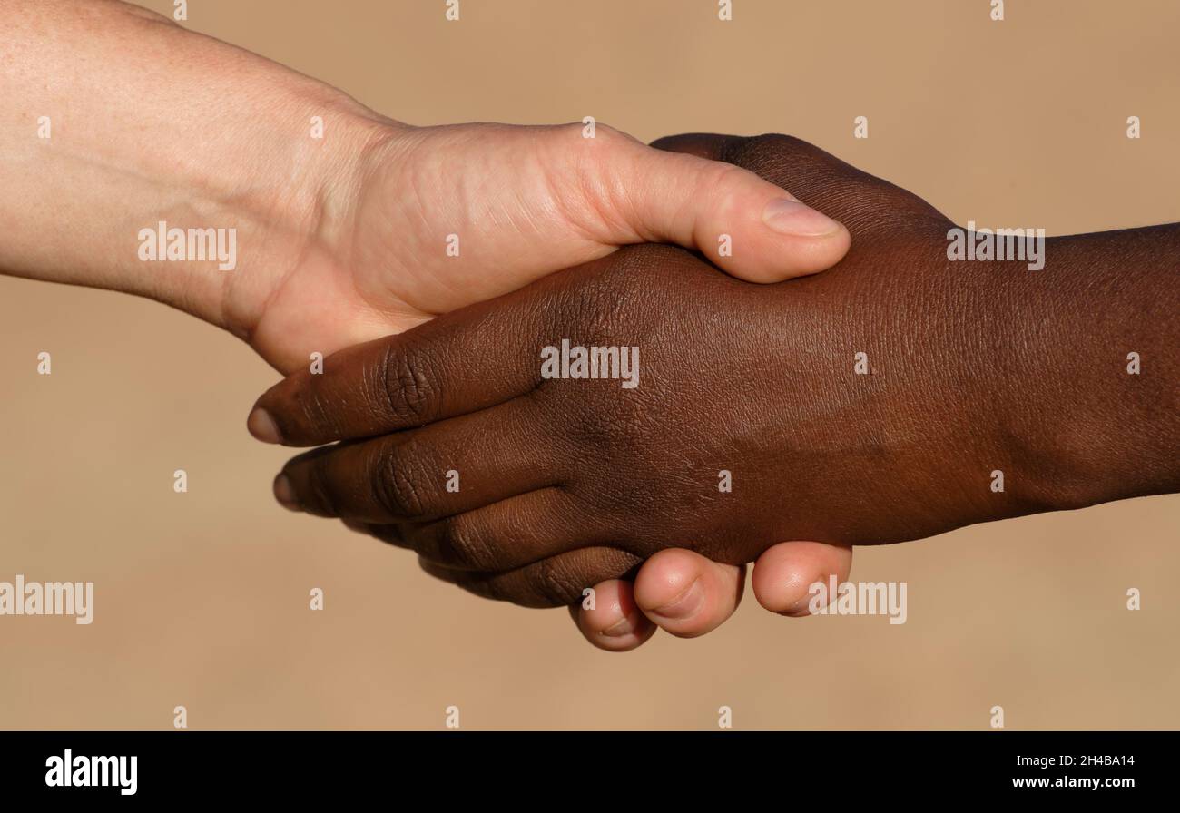 Handshake con il bianco e nero mani, Distretto Omaruru, Namibia Foto Stock