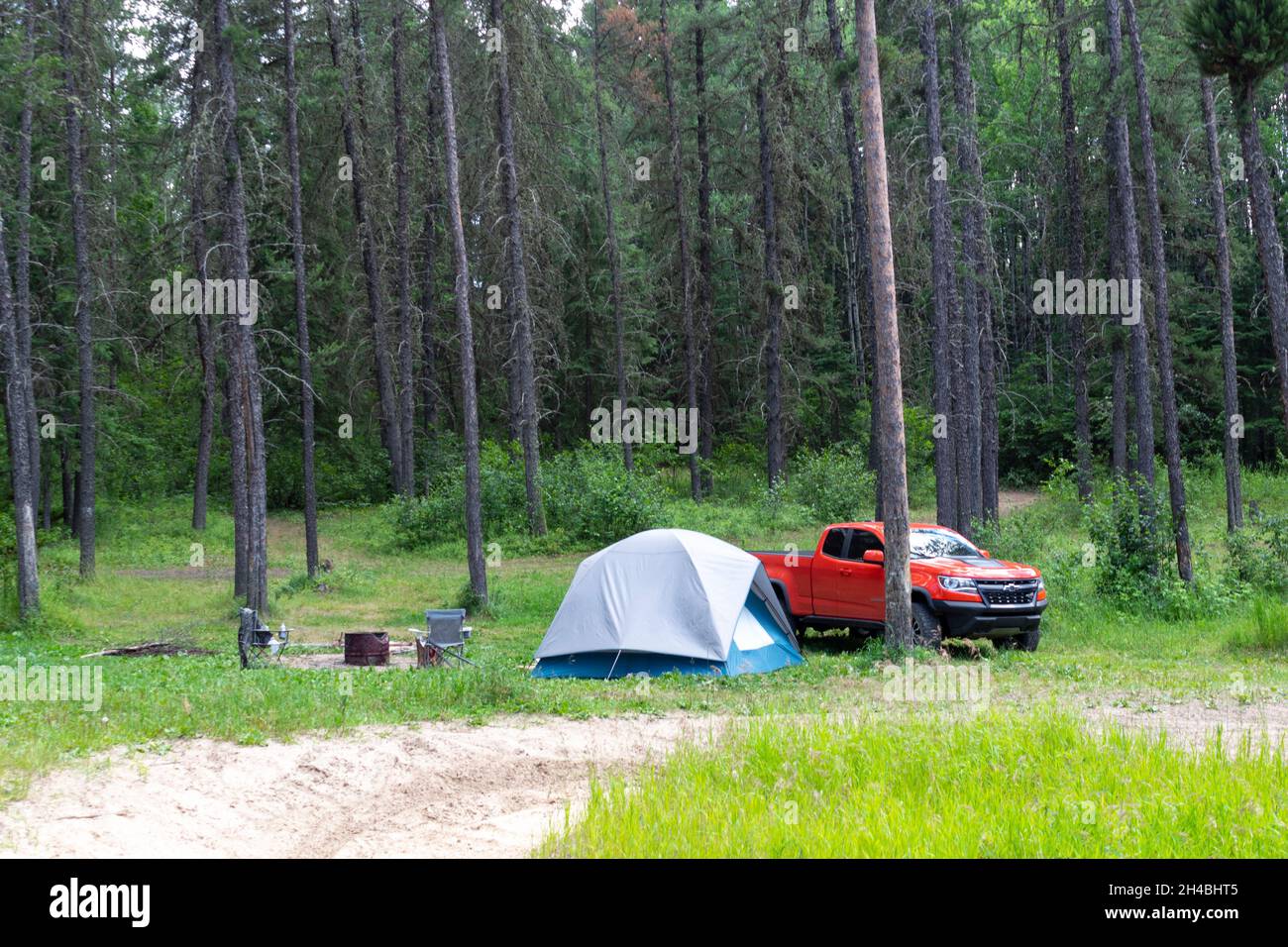 Backwoods campeggio tra alberi antichi con tenda, camino, sedie e camion. Foto Stock